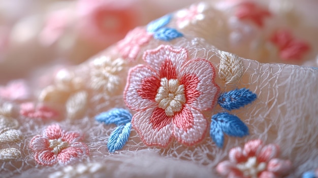 Zbliżenie haftu w pastelowych kolorach